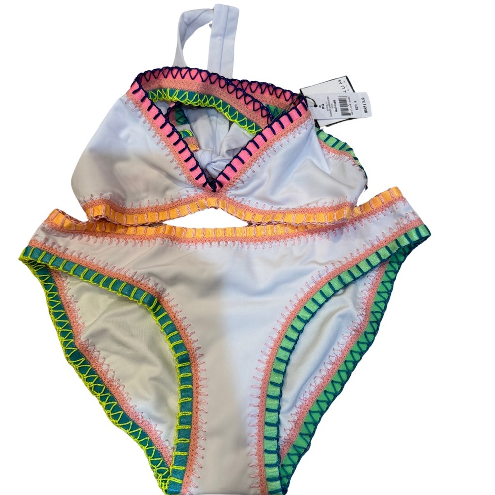 Pilyq White and Pink Bikini with Colorful Crochet Trim